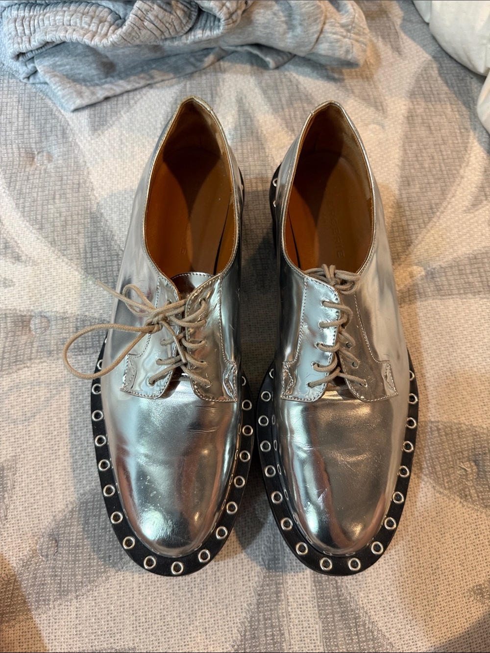 Clergerie Metallic Silver Lace-Up Women's Oxfords with Eyelet Trim
